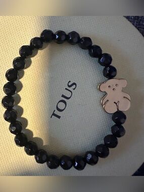 Tous Black Faceted Bead Bracelet with Bear Charm